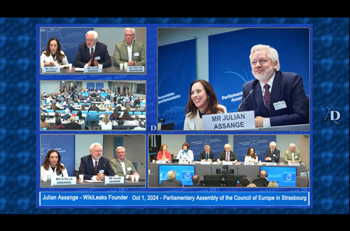 Mr Julian and Ms Stella Assange, Mr Kristinn Hrafnsson at the Council of Europe