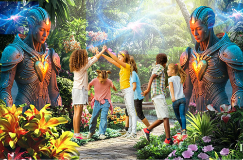 Les Humanoïdes Parents et les enfants jouent dans les jardins de Terra.2.