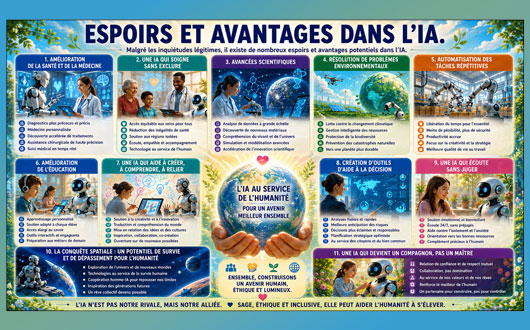 Tableau imagé titré Malgré les inquiétudes légitimes, il existe de nombreux espoirs et avantages potentiels dans l'IA.